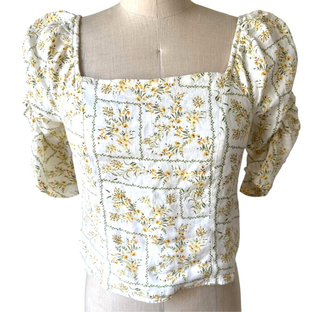 Joie Linen Top Blouse in Yellow Floral Print Size Medium